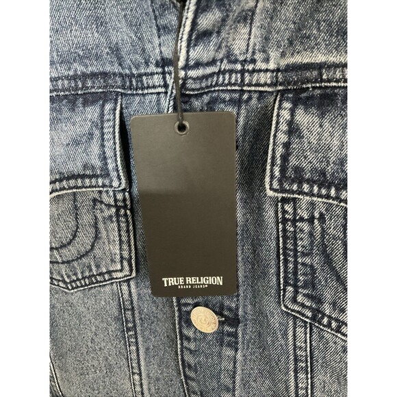 True Religion Denim Trucker Jacket Men's L Medium Wash Tape Logo NEW MSRP$179 - Picture 7 of 15